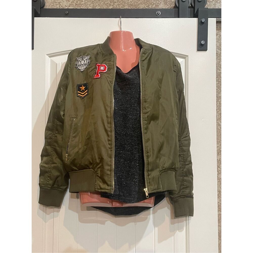 Medium - green bomber jacket with patches, Say What? brand, Size M